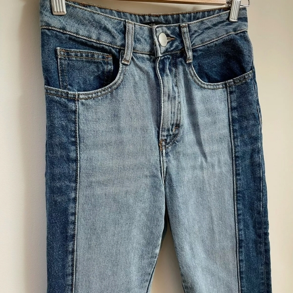 MAJE Packy Straight Cut Two Tone Faded Blue Jeans Gold Zipper FR 34 US 0 - Picture 6 of 12